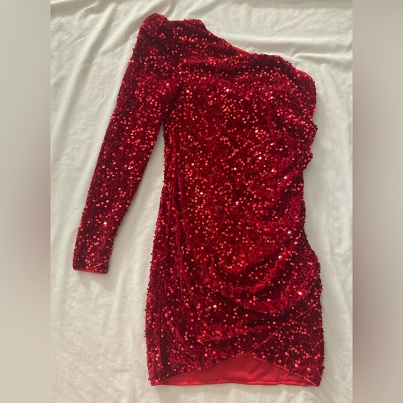 SHEIN Red Sequin One-Shoulder Party NYE Dress Size Small - Picture 1 of 4
